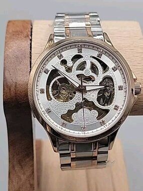 Luminous Mens Skeleton Automatic Watch 42mm T22k Gold Plated Diamond Markers
